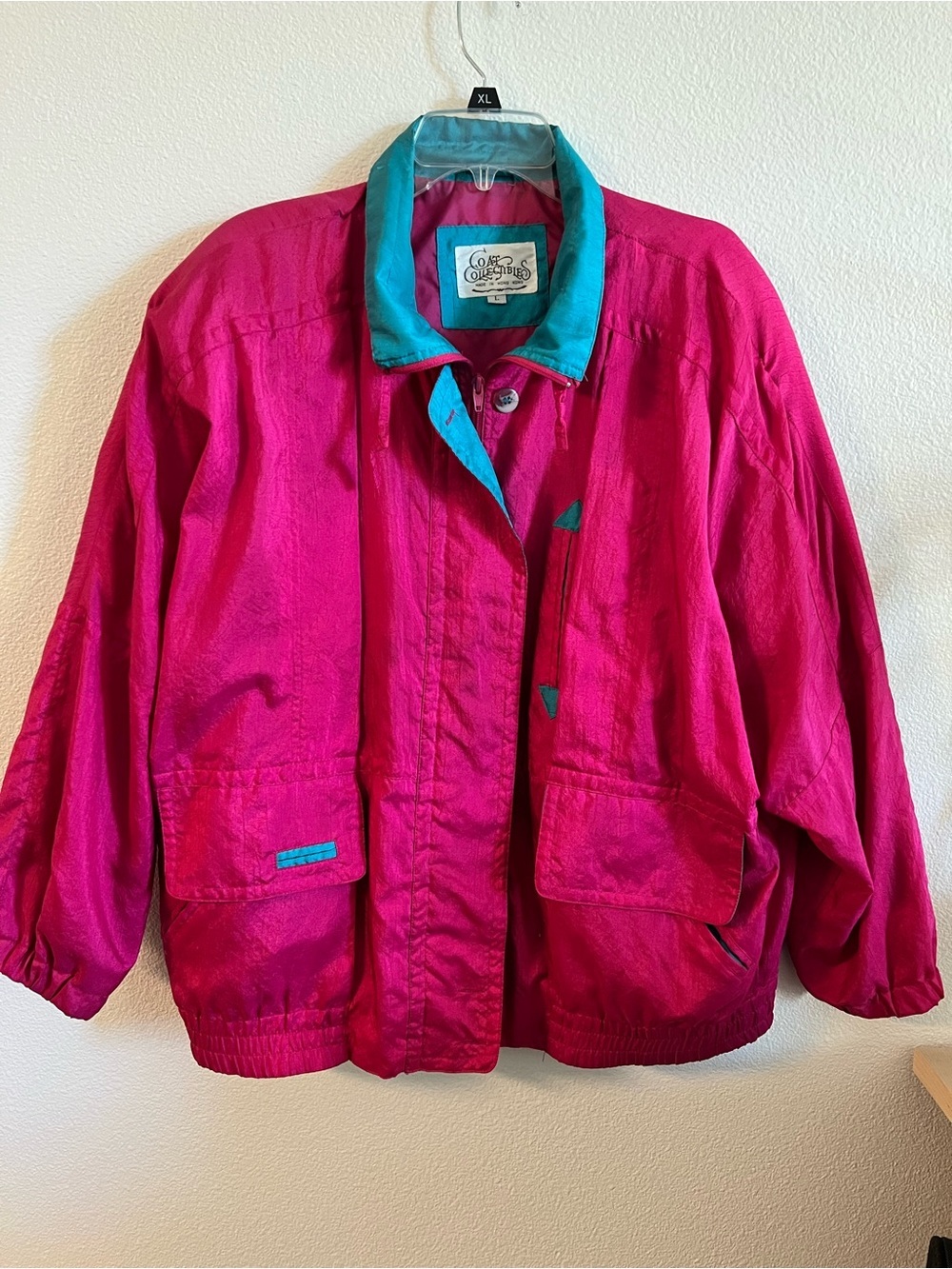 Vintage 80s 90s OASIS Collectibles Windbreaker Jacket L Hot Pink Teal Colorblock